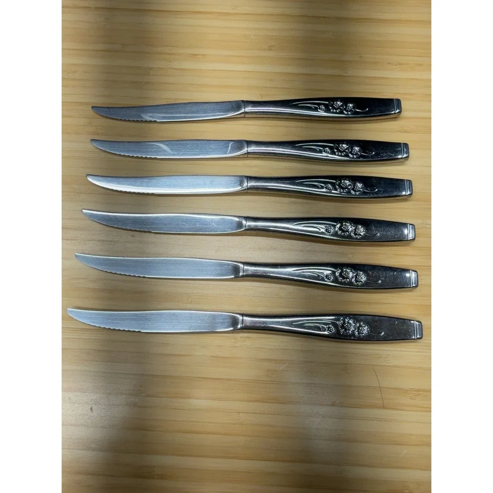 Vintage Floral Stainless Steel Steak Knives Set of 6 Serrated 9 Inch
